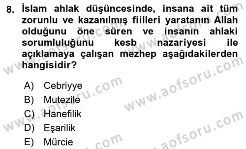 İslam Ahlak Esasları Dersi 2022 - 2023 Yılı Yaz Okulu Sınav Soruları 8. Soru