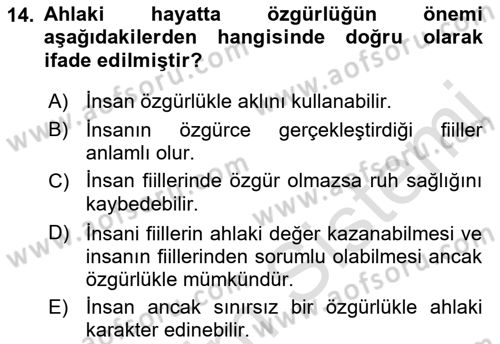 İslam Ahlak Esasları Dersi 2023 - 2024 Yılı (Vize) Ara Sınav Soruları 14. Soru
