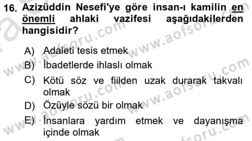 İslam Ahlak Esasları Dersi 2023 - 2024 Yılı (Vize) Ara Sınav Soruları 16. Soru