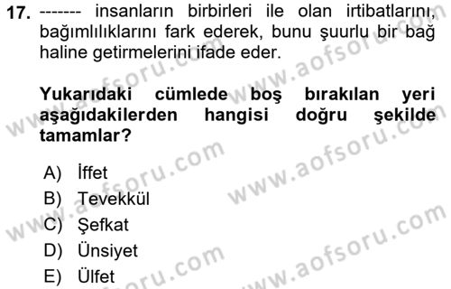 İslam Ahlak Esasları Dersi 2023 - 2024 Yılı (Vize) Ara Sınav Soruları 17. Soru