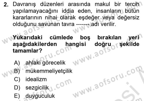 İslam Ahlak Esasları Dersi 2023 - 2024 Yılı Yaz Okulu Sınav Soruları 2. Soru
