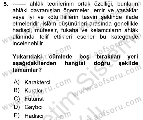 İslam Ahlak Esasları Dersi 2023 - 2024 Yılı Yaz Okulu Sınav Soruları 5. Soru