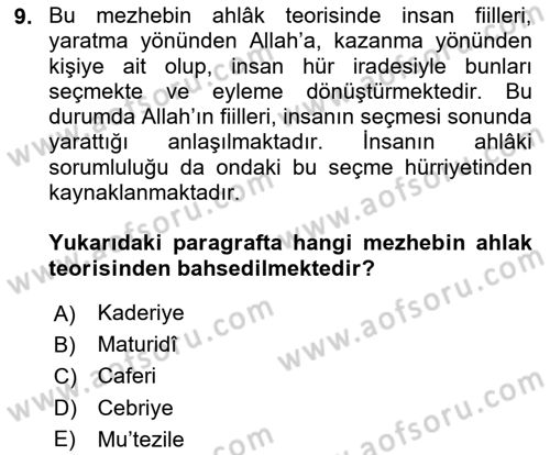 İslam Ahlak Esasları Dersi 2024 - 2025 Yılı (Vize) Ara Sınav Soruları 9. Soru