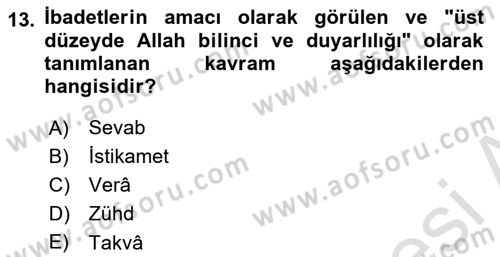 İslam Ahlak Esasları Dersi 2024 - 2025 Yılı Yaz Okulu Sınav Soruları 13. Soru