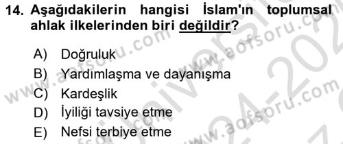 İslam Ahlak Esasları Dersi 2024 - 2025 Yılı Yaz Okulu Sınav Soruları 14. Soru