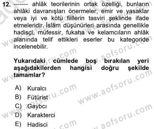 İslam Ahlak Esasları Dersi 2025 - 2026 Yılı (Vize) Ara Sınav Soruları 12. Soru