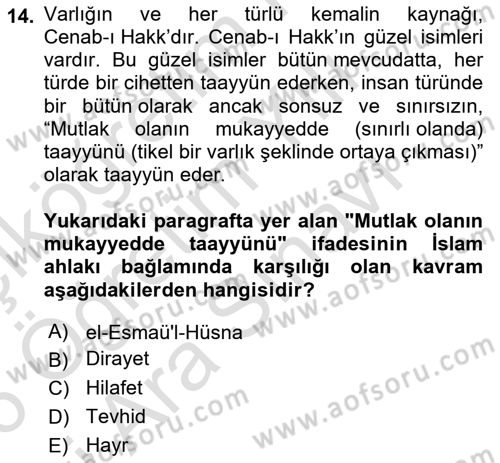 İslam Ahlak Esasları Dersi 2025 - 2026 Yılı (Vize) Ara Sınav Soruları 14. Soru
