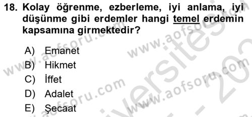 İslam Ahlak Esasları Dersi 2025 - 2026 Yılı (Vize) Ara Sınav Soruları 18. Soru
