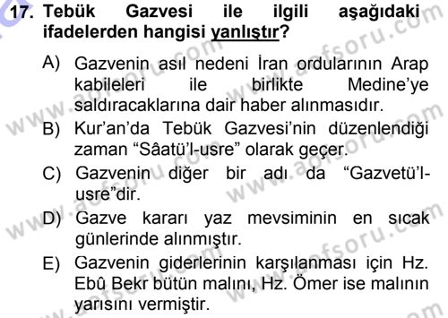 İlk Dönem İslam Tarihi Dersi 2013 - 2014 Yılı (Vize) Ara Sınav Soruları 17. Soru