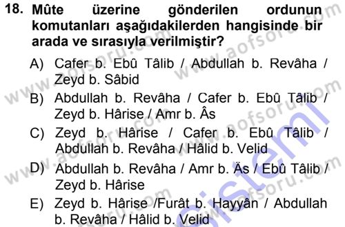 İlk Dönem İslam Tarihi Dersi 2013 - 2014 Yılı (Vize) Ara Sınav Soruları 18. Soru