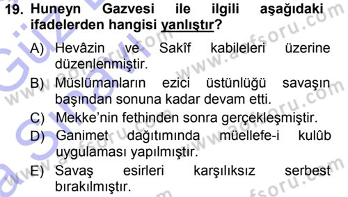 İlk Dönem İslam Tarihi Dersi 2013 - 2014 Yılı (Vize) Ara Sınav Soruları 19. Soru