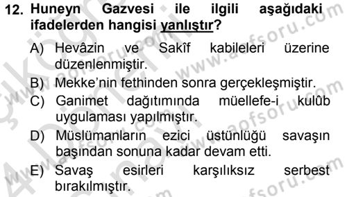 İlk Dönem İslam Tarihi Dersi 2013 - 2014 Yılı Tek Ders Sınav Soruları 12. Soru