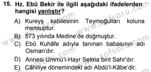 İlk Dönem İslam Tarihi Dersi 2013 - 2014 Yılı Tek Ders Sınav Soruları 15. Soru