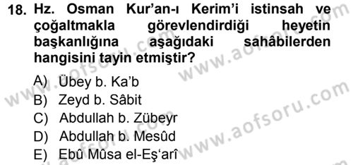 İlk Dönem İslam Tarihi Dersi 2013 - 2014 Yılı Tek Ders Sınav Soruları 18. Soru
