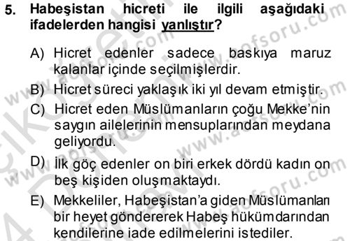 İlk Dönem İslam Tarihi Dersi 2013 - 2014 Yılı Tek Ders Sınav Soruları 5. Soru