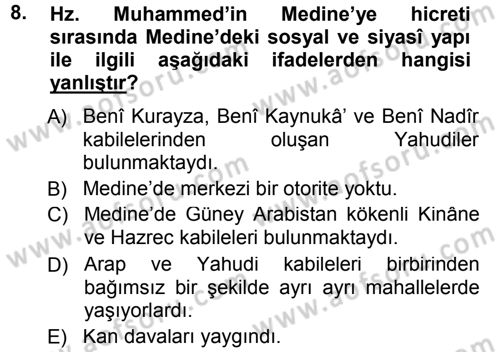 İlk Dönem İslam Tarihi Dersi 2013 - 2014 Yılı Tek Ders Sınav Soruları 8. Soru