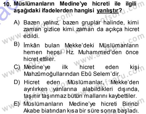 İlk Dönem İslam Tarihi Dersi 2014 - 2015 Yılı (Vize) Ara Sınav Soruları 10. Soru