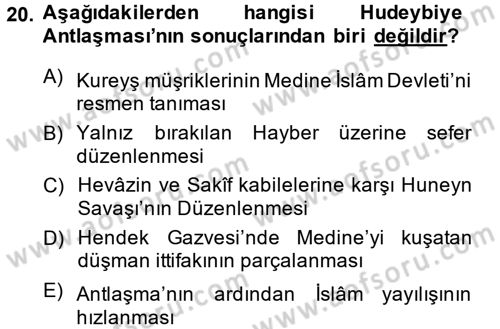 İlk Dönem İslam Tarihi Dersi Ara Sınavı Deneme Sınav Soruları 20. Soru