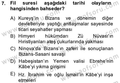 İlk Dönem İslam Tarihi Dersi Ara Sınavı Deneme Sınav Soruları 7. Soru