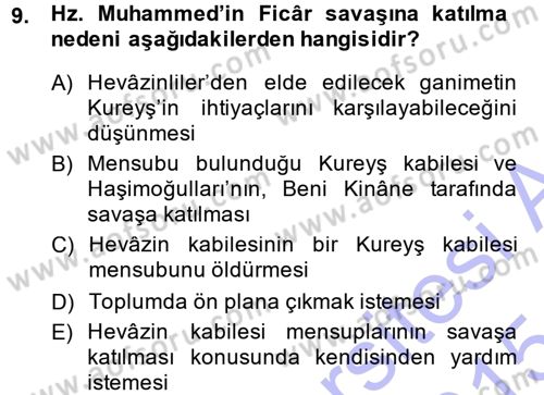 İlk Dönem İslam Tarihi Dersi 2014 - 2015 Yılı (Vize) Ara Sınav Soruları 9. Soru