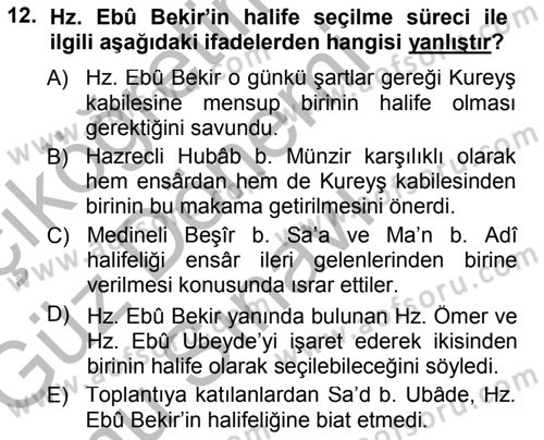 İlk Dönem İslam Tarihi Dersi 2014 - 2015 Yılı (Final) Dönem Sonu Sınav Soruları 12. Soru