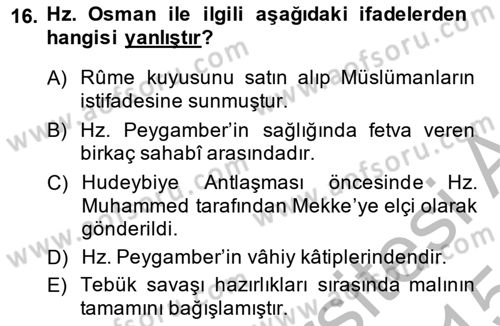 İlk Dönem İslam Tarihi Dersi 2014 - 2015 Yılı (Final) Dönem Sonu Sınav Soruları 16. Soru