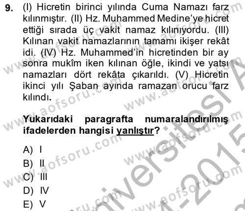 İlk Dönem İslam Tarihi Dersi 2014 - 2015 Yılı (Final) Dönem Sonu Sınav Soruları 9. Soru