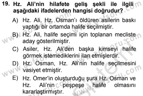 İlk Dönem İslam Tarihi Dersi 2014 - 2015 Yılı Tek Ders Sınav Soruları 19. Soru