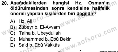 İlk Dönem İslam Tarihi Dersi 2014 - 2015 Yılı Tek Ders Sınav Soruları 20. Soru