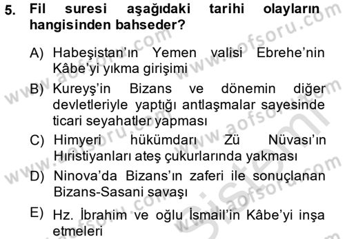 İlk Dönem İslam Tarihi Dersi 2014 - 2015 Yılı Tek Ders Sınav Soruları 5. Soru