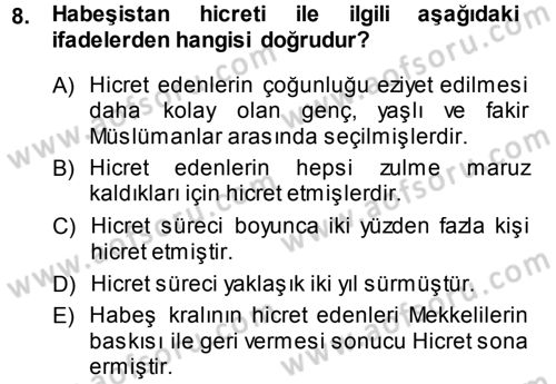 İlk Dönem İslam Tarihi Dersi 2014 - 2015 Yılı Tek Ders Sınav Soruları 8. Soru