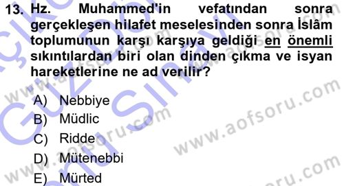 İlk Dönem İslam Tarihi Dersi 2015 - 2016 Yılı (Final) Dönem Sonu Sınav Soruları 13. Soru
