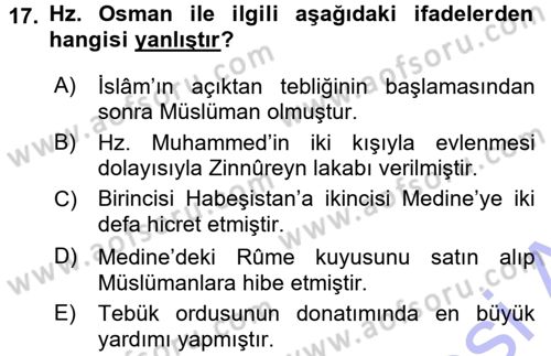 İlk Dönem İslam Tarihi Dersi 2015 - 2016 Yılı (Final) Dönem Sonu Sınav Soruları 17. Soru
