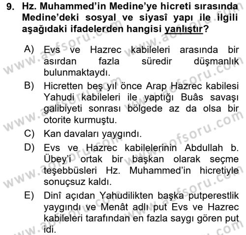 İlk Dönem İslam Tarihi Dersi 2015 - 2016 Yılı (Final) Dönem Sonu Sınav Soruları 9. Soru