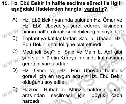 İlk Dönem İslam Tarihi Dersi 2016 - 2017 Yılı 3 Ders Sınav Soruları 15. Soru