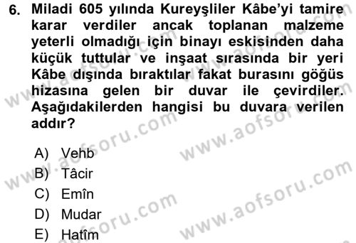 İlk Dönem İslam Tarihi Dersi 2016 - 2017 Yılı 3 Ders Sınav Soruları 6. Soru