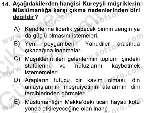 İlk Dönem İslam Tarihi Dersi 2016 - 2017 Yılı (Vize) Ara Sınavı 14. Soru