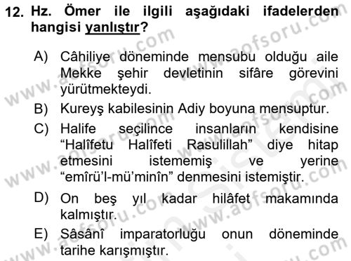 İlk Dönem İslam Tarihi Dersi 2016 - 2017 Yılı (Final) Dönem Sonu Sınav Soruları 12. Soru