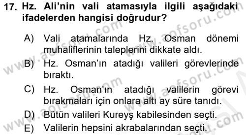 İlk Dönem İslam Tarihi Dersi 2016 - 2017 Yılı (Final) Dönem Sonu Sınav Soruları 17. Soru