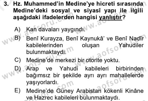 İlk Dönem İslam Tarihi Dersi 2017 - 2018 Yılı 3 Ders Sınav Soruları 3. Soru
