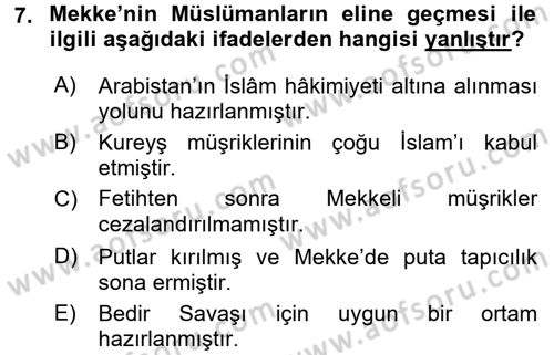 İlk Dönem İslam Tarihi Dersi 2017 - 2018 Yılı 3 Ders Sınavı 7. Soru