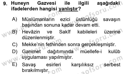 İlk Dönem İslam Tarihi Dersi 2017 - 2018 Yılı 3 Ders Sınavı 9. Soru