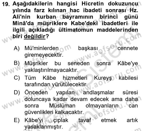 İlk Dönem İslam Tarihi Dersi 2017 - 2018 Yılı (Vize) Ara Sınavı 19. Soru