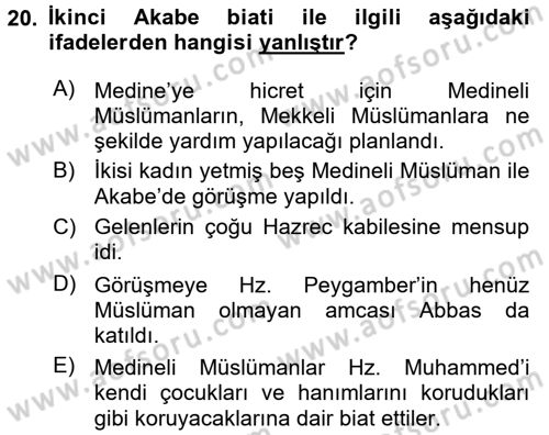 İlk Dönem İslam Tarihi Dersi 2017 - 2018 Yılı (Vize) Ara Sınav Soruları 20. Soru