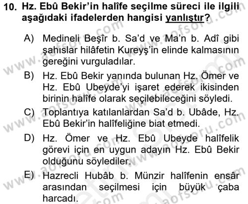 İlk Dönem İslam Tarihi Dersi 2017 - 2018 Yılı (Final) Dönem Sonu Sınav Soruları 10. Soru