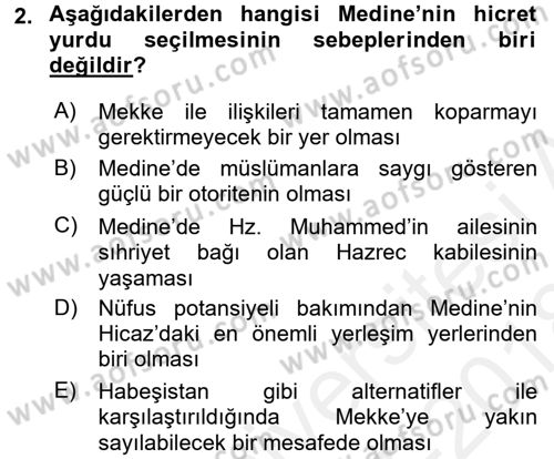 İlk Dönem İslam Tarihi Dersi 2017 - 2018 Yılı (Final) Dönem Sonu Sınav Soruları 2. Soru