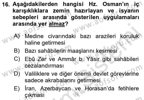 İlk Dönem İslam Tarihi Dersi 2019 - 2020 Yılı (Final) Dönem Sonu Sınav Soruları 16. Soru
