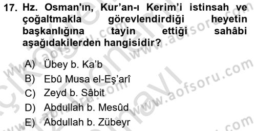 İlk Dönem İslam Tarihi Dersi 2019 - 2020 Yılı (Final) Dönem Sonu Sınav Soruları 17. Soru