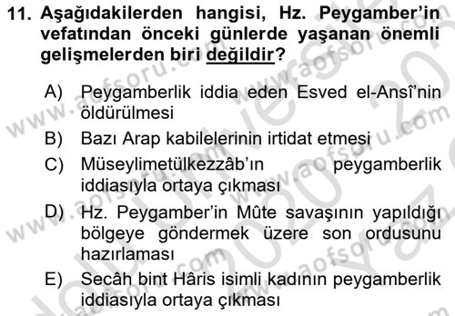 İlk Dönem İslam Tarihi Dersi 2020 - 2021 Yılı Yaz Okulu Sınav Soruları 11. Soru
