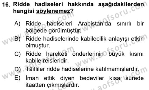 İlk Dönem İslam Tarihi Dersi 2020 - 2021 Yılı Yaz Okulu Sınav Soruları 16. Soru